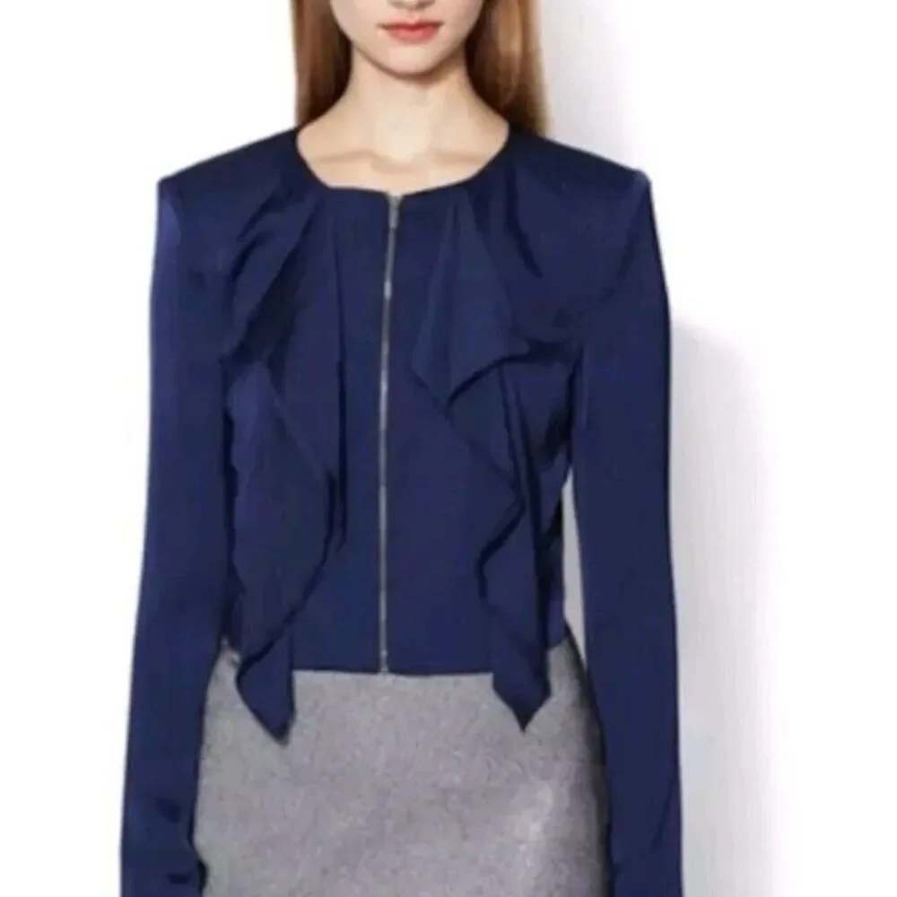BCBGMaxAzria Preston Blazer Zip-Up Ruffle Jacket Poppy Size‎ Medium Women's Blue